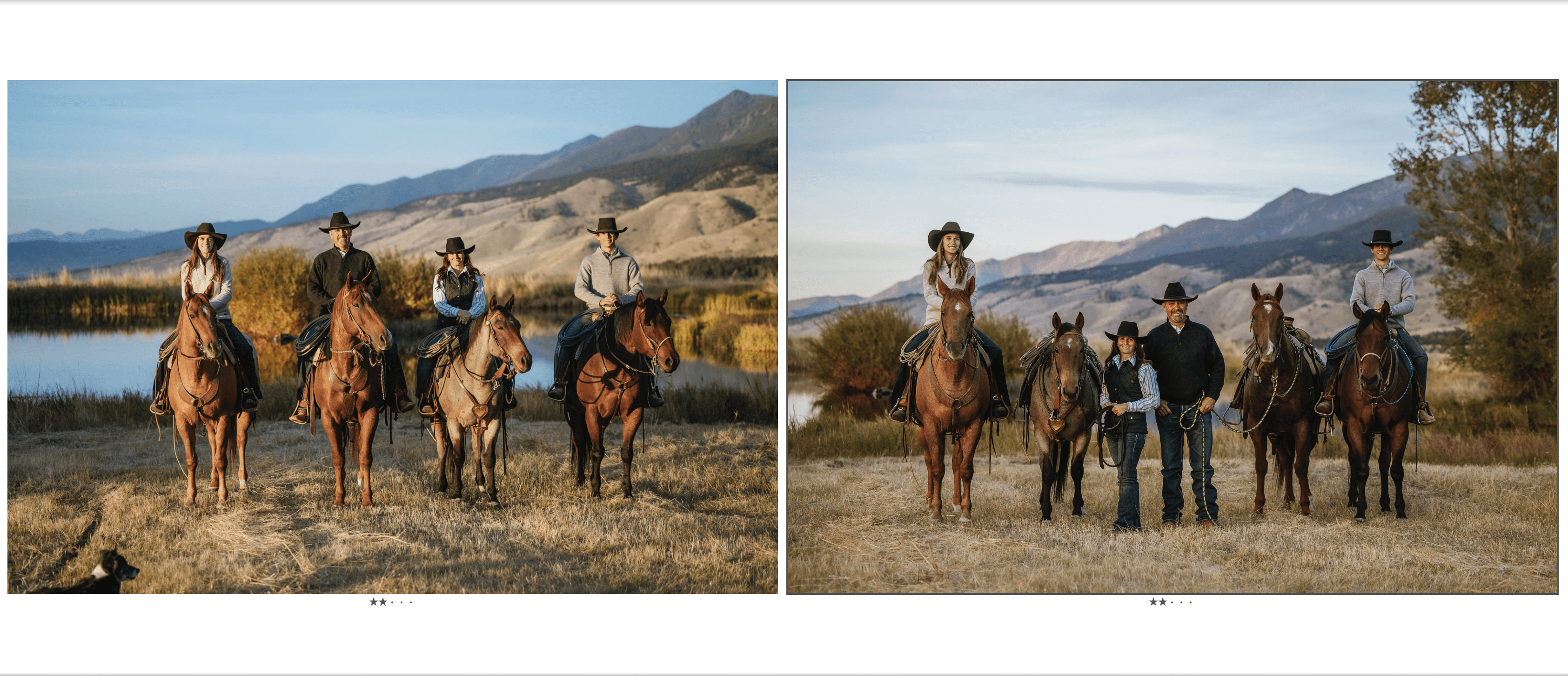 Golden hour portrait of a family on horseback, side-lit by natural light, creating contrast and depth. Outdoor portrait taken after sunset with soft, diffused light highlighting the subjects against a scenic mountain backdrop.