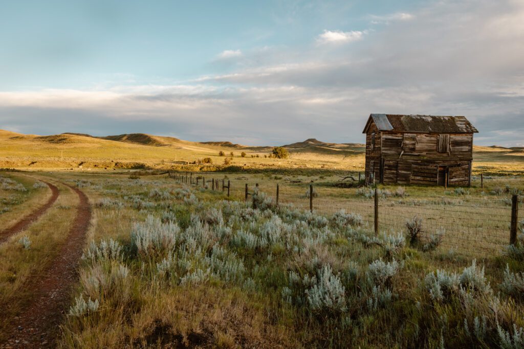 an old homestead on a prairie in Wyoming.