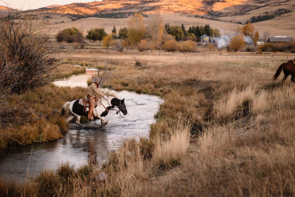 The cowboy riding his horse across the creek at sunrise